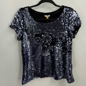 Leifsdottir Anthropologie Navy Blue Sequin Short Sleeve Scoop Neck Top NWT Small